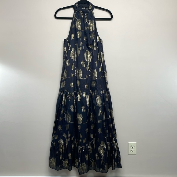 NWOT Express Halter Tiered Maxi Dress Black and Metallic Gold Floral Rose XS - Picture 1 of 15